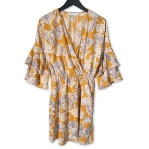 All In Favor Floral Tunic Top Women L Mustard Yellow Boho Ruffle Sleeve Shirt